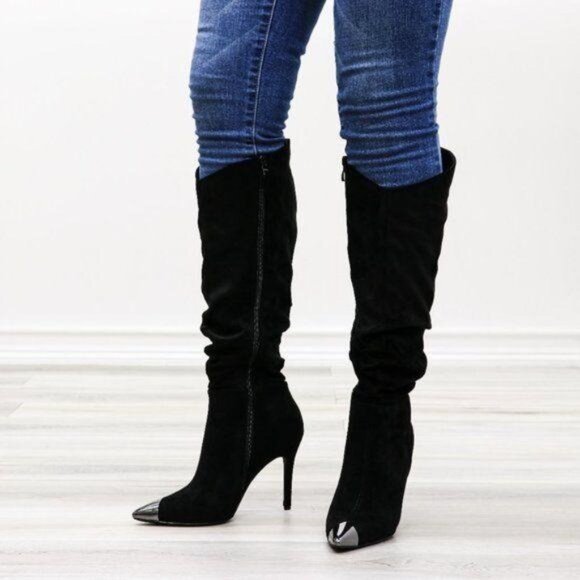 Pointy Toe Below The Knee Black Boots Faux Suede - Picture 10 of 16